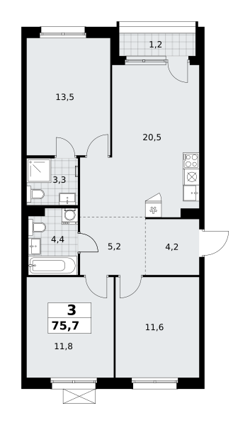 Планировка 3-комнатная квартира в ЖК "Прокшино"
