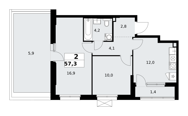 Планировка 2-комнатная квартира в ЖК "Прокшино"