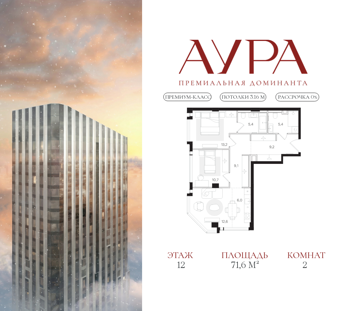 Планировка 2-комнатная квартира в ЖК "АУРА" (Мангазея на Тульской)