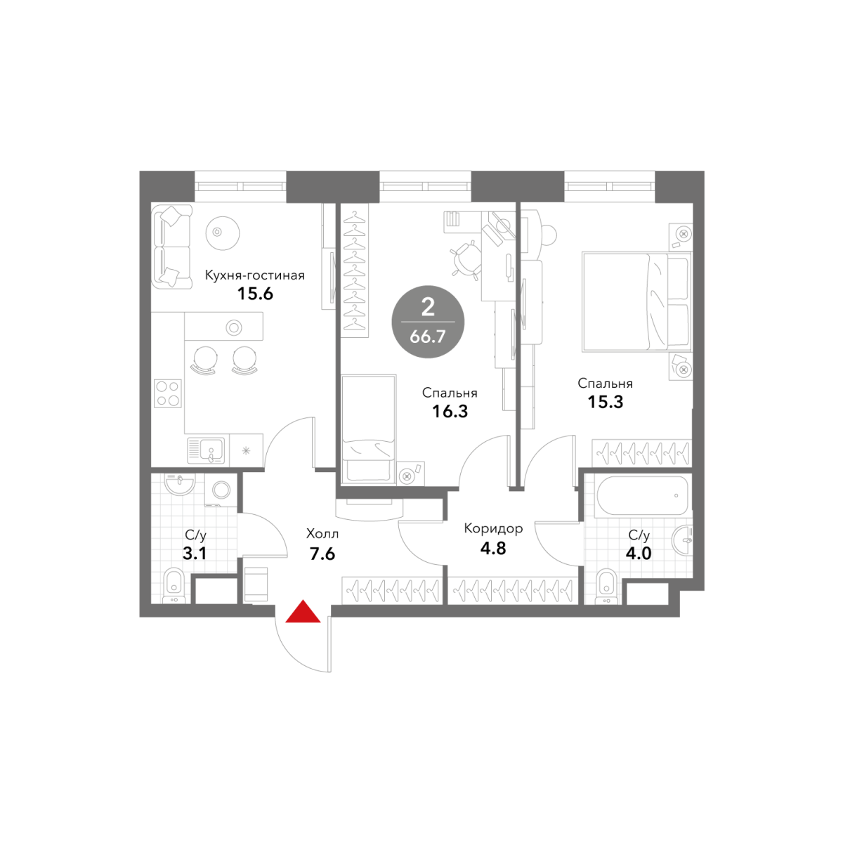 Планировка 2-комнатная квартира в ЖК Voxhall (Воксхолл)