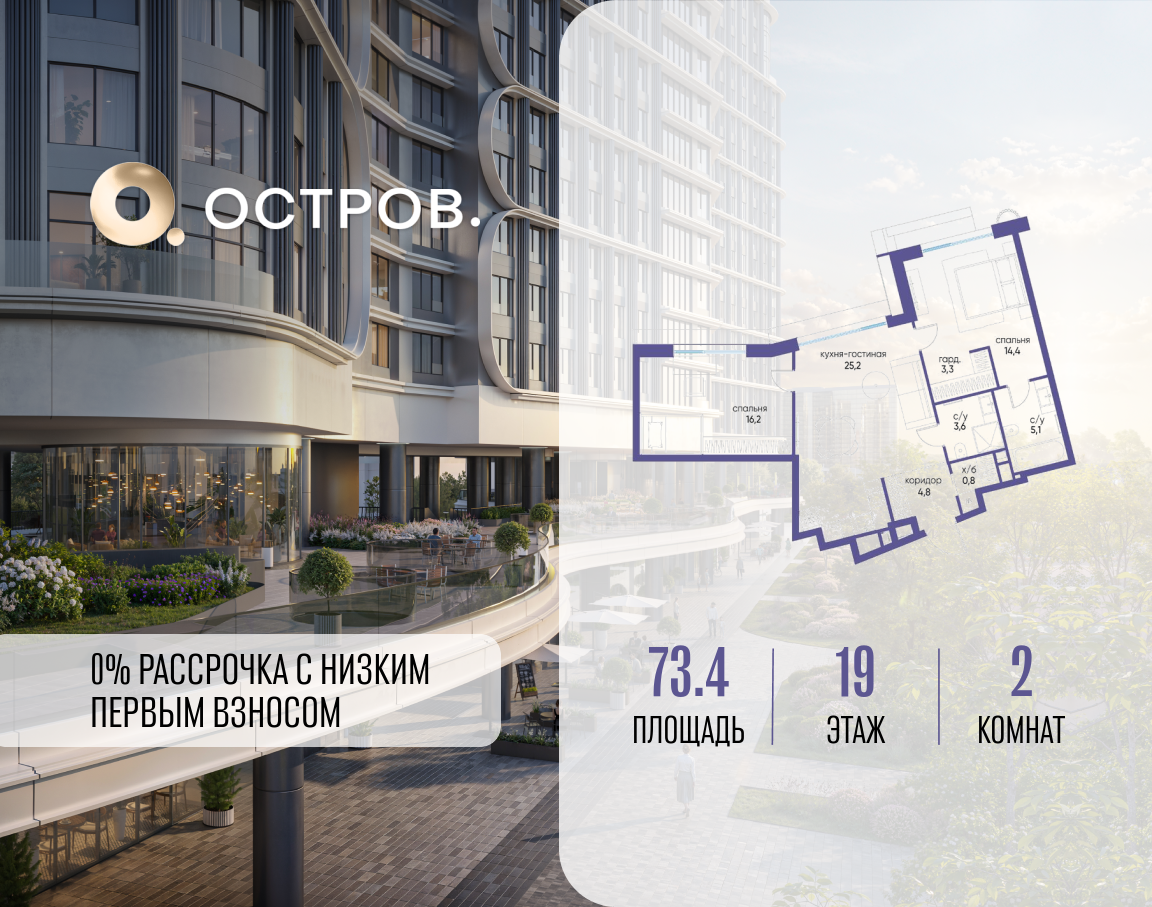 Планировка 2-комнатная квартира в ЖК "Остров"
