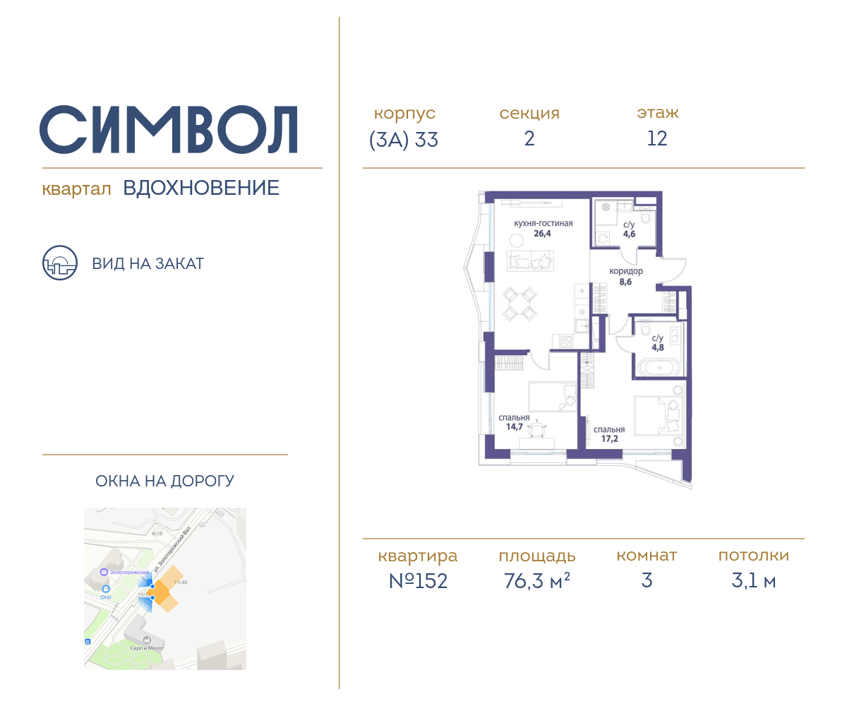 Планировка 3-комнатная квартира в ЖК "Символ"