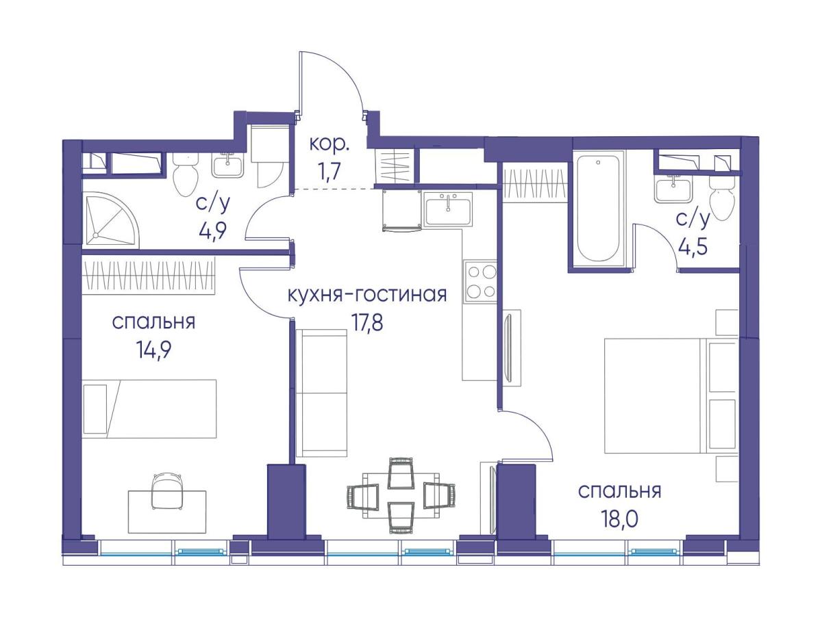 Планировка 2-комнатная квартира в ЖК "Событие"