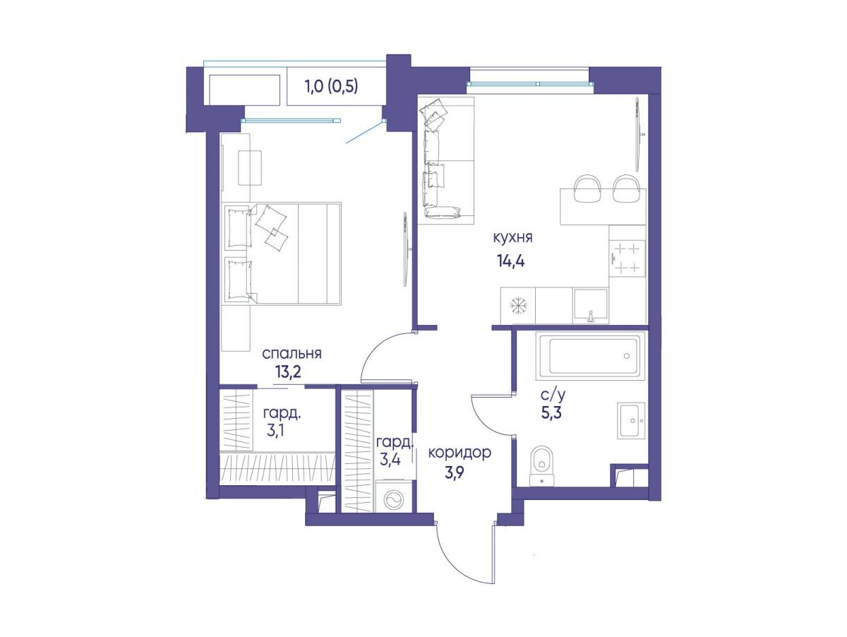 Планировка 1-комнатная квартира в ЖК "Остров"