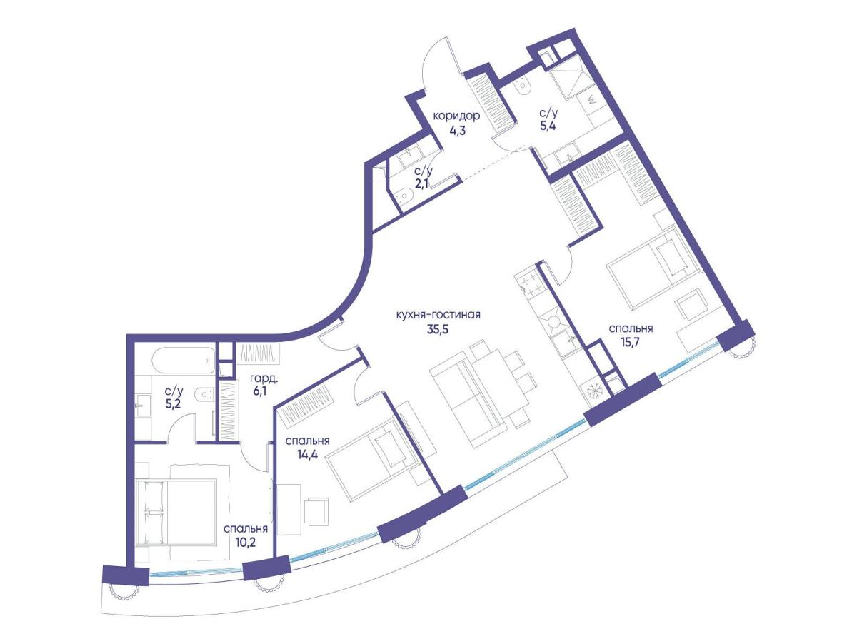 Планировка 3-комнатная квартира в ЖК "Остров"
