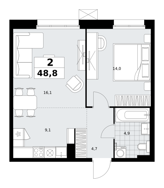 Планировка 2-комнатная квартира в ЖК "Дзен-кварталы"