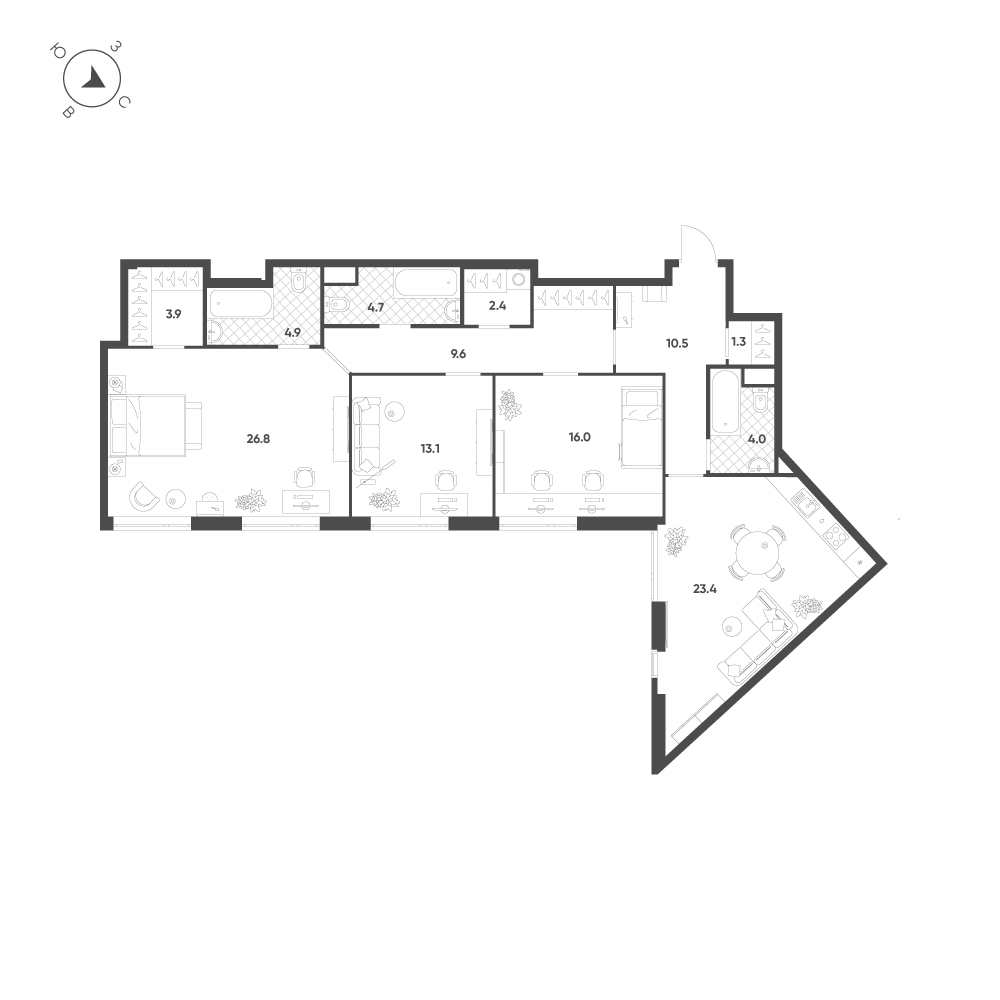 Планировка 3-комнатная квартира в ЖК Voxhall (Воксхолл)