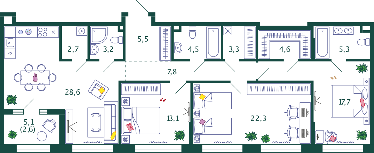 Планировка 3-комнатная квартира в ЖК Shagal (Шагал)