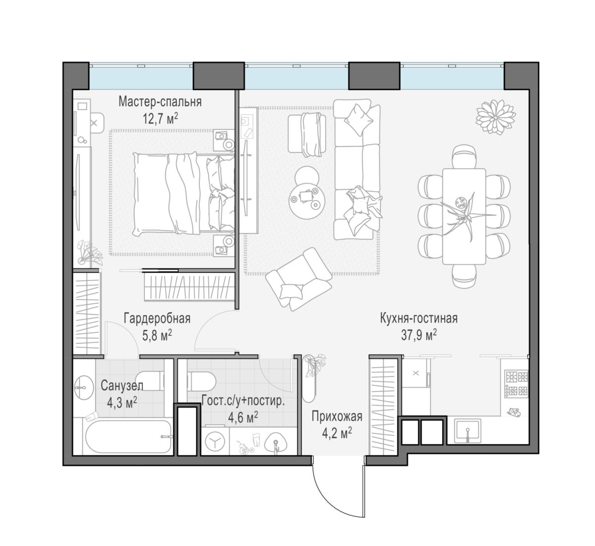 Планировка 3-комнатная квартира в ЖК West Garden (Вест Гарден)