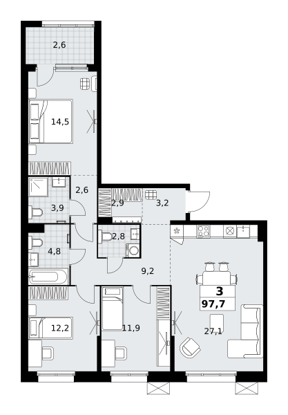 Планировка 3-комнатная квартира в ЖК "Дзен-кварталы"
