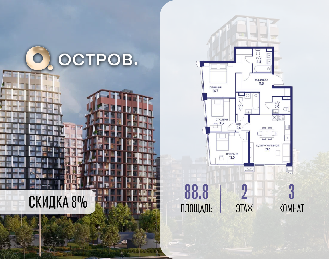 Планировка 3-комнатная квартира в ЖК "Остров"