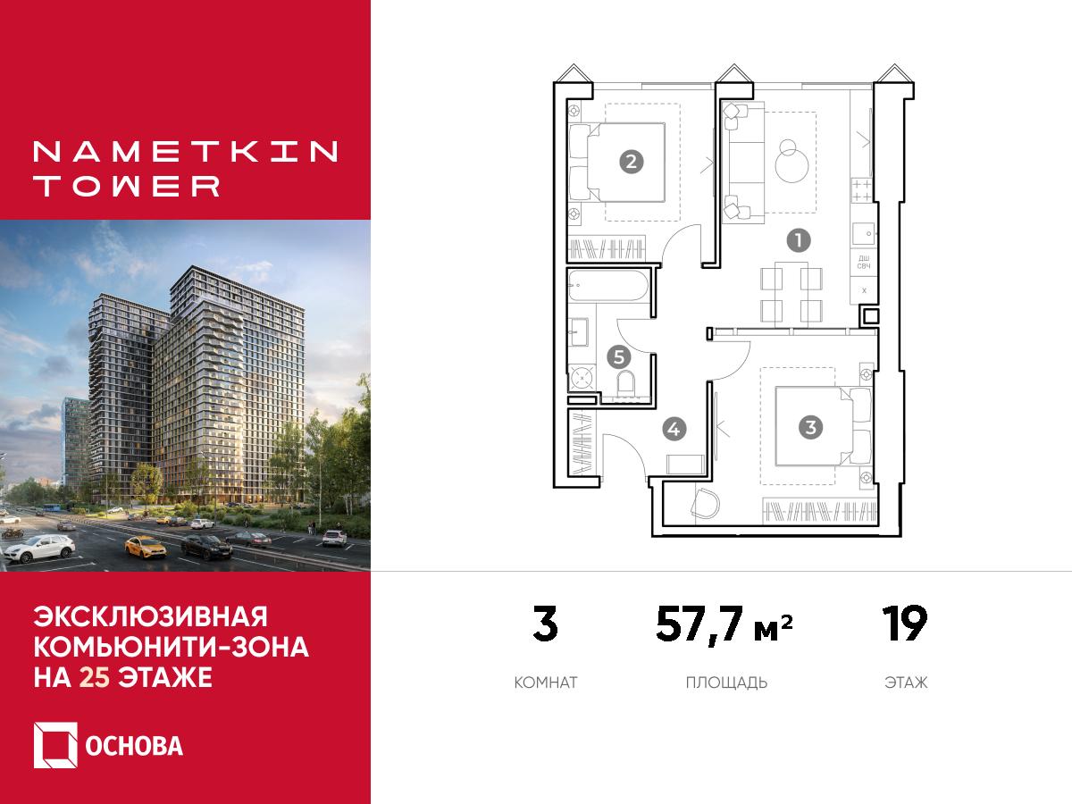 Планировка 3-комнатная квартира в ЖК Nametkin Tower (Наметкин Тауэр)