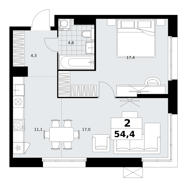 Планировка 2-комнатная квартира в ЖК "Дзен-кварталы"