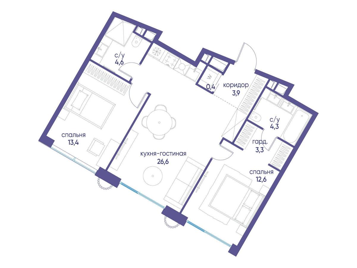 Планировка 2-комнатная квартира в ЖК "Остров"