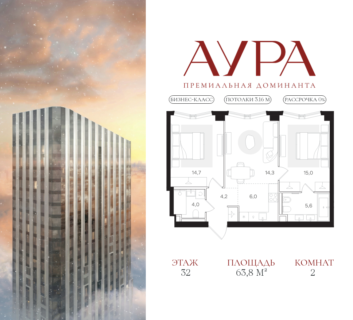 Планировка 2-комнатная квартира в ЖК "АУРА" (Мангазея на Тульской)