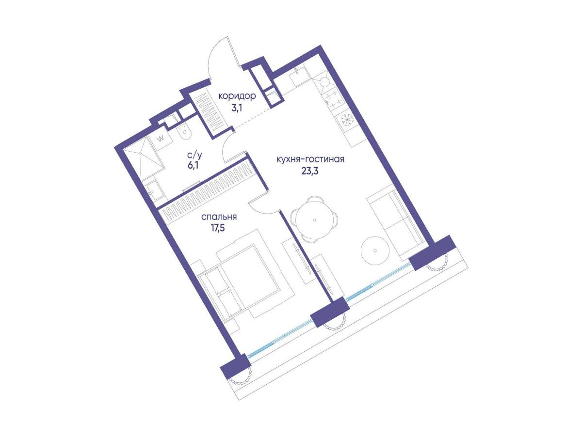 Планировка 1-комнатная квартира в ЖК "Остров"