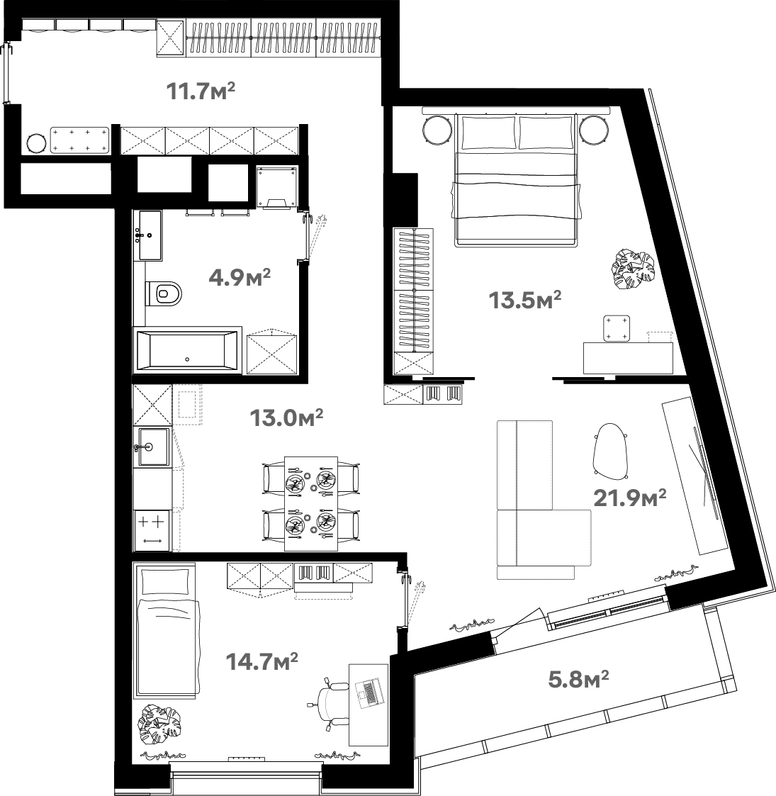 Планировка 3-комнатная квартира в ЖК River Нouse Щёлково