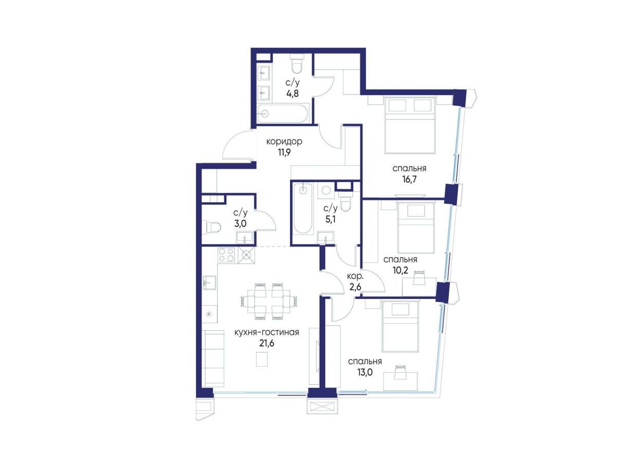 Планировка 3-комнатная квартира в ЖК "Остров"
