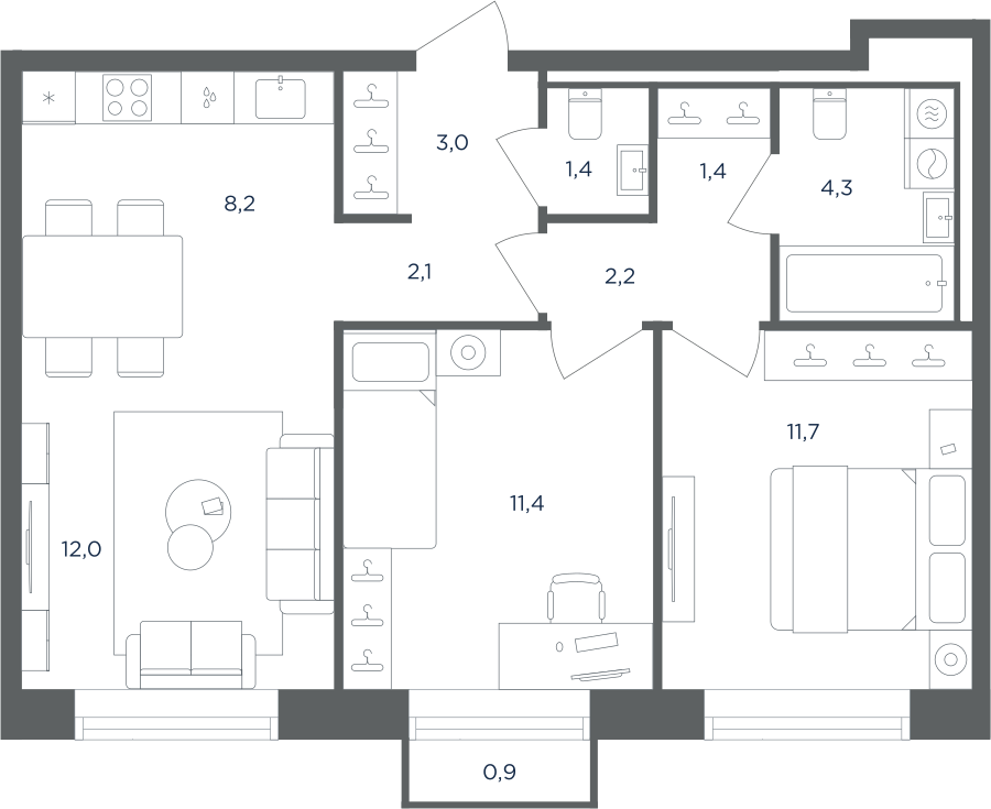 Планировка 3-комнатная квартира в ЖК "Равновесие"