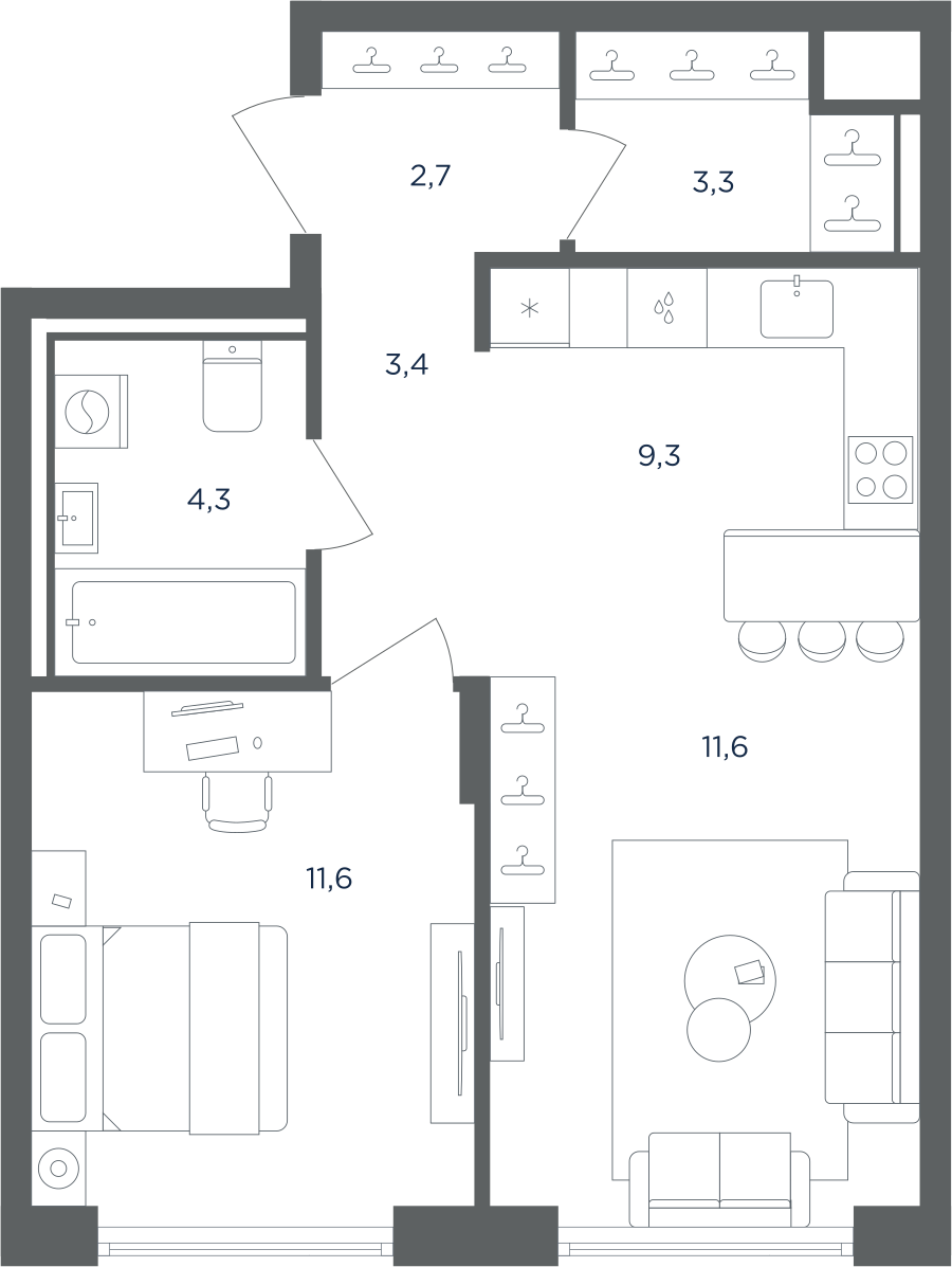 Планировка 2-комнатная квартира в ЖК "Равновесие"