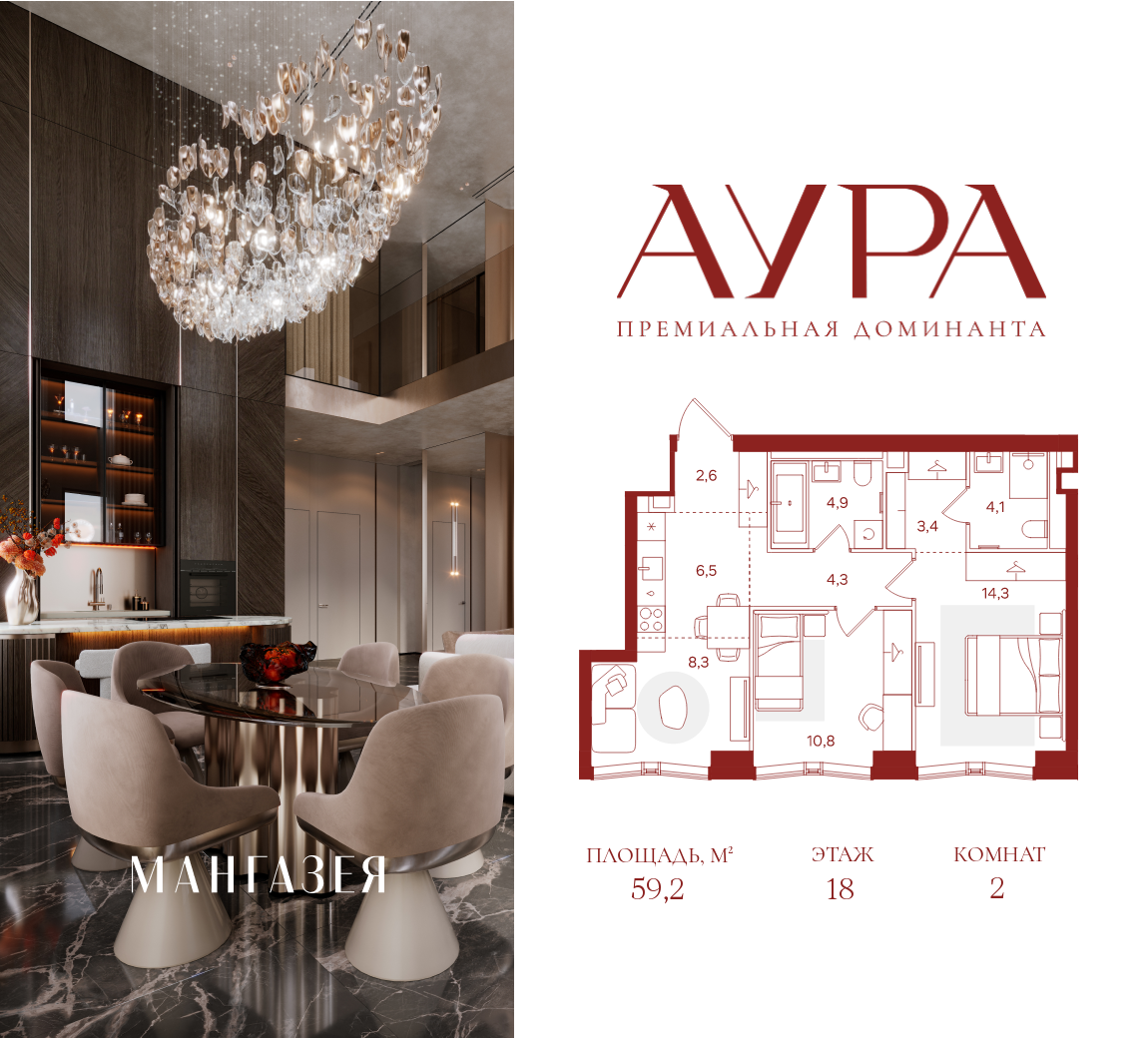 Планировка 2-комнатная квартира в ЖК "АУРА" (Мангазея на Тульской)