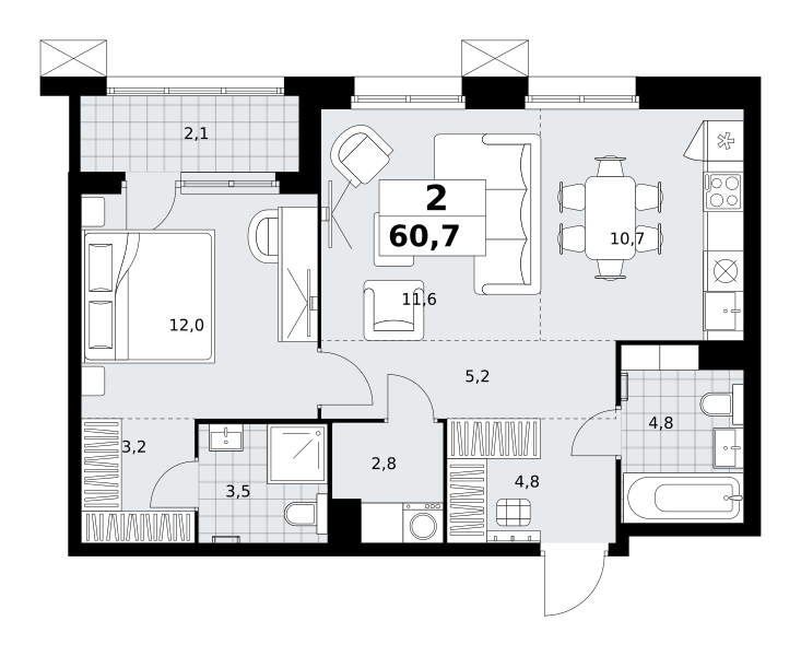 Планировка 2-комнатная квартира в ЖК "Дзен-кварталы"