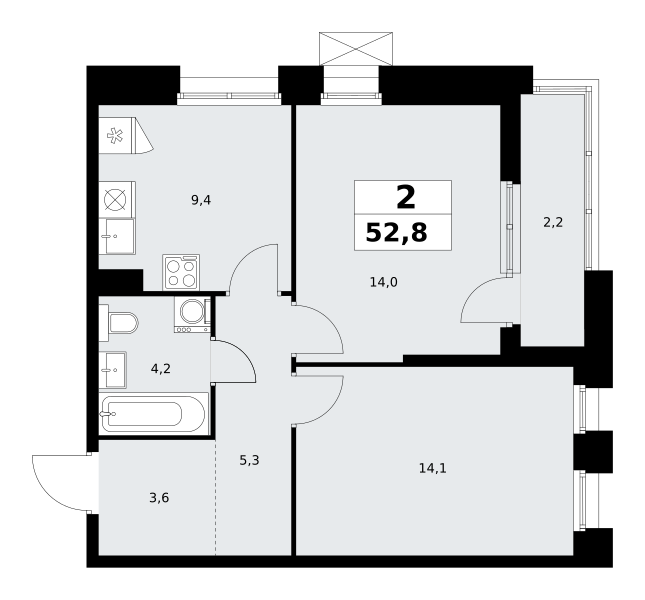Планировка 2-комнатная квартира в ЖК "Прокшино"