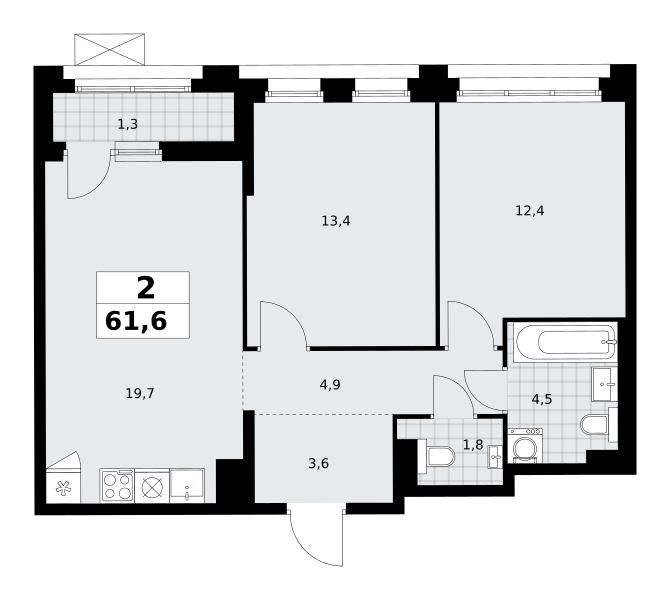 Планировка 2-комнатная квартира в ЖК "Прокшино"