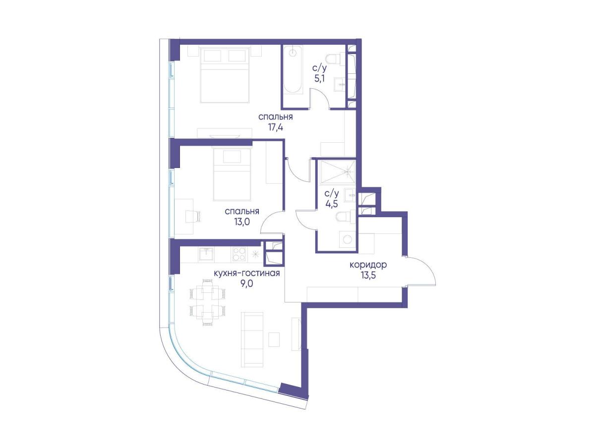 Планировка 2-комнатная квартира в ЖК "Остров"