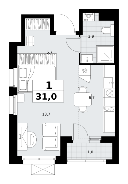 Планировка 1-комнатная квартира в ЖК "Прокшино"