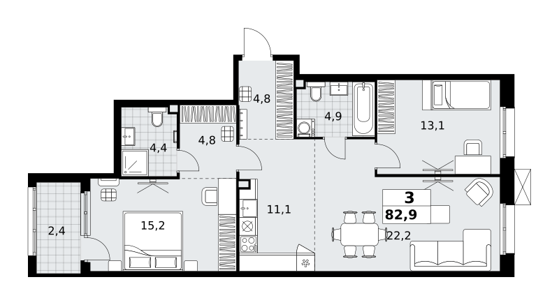 Планировка 3-комнатная квартира в ЖК "Дзен-кварталы"