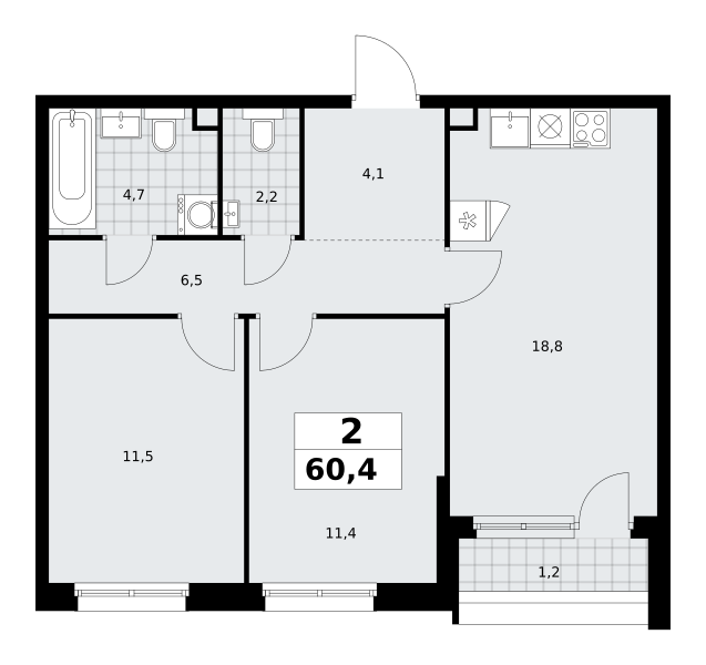 Планировка 2-комнатная квартира в ЖК "Прокшино"
