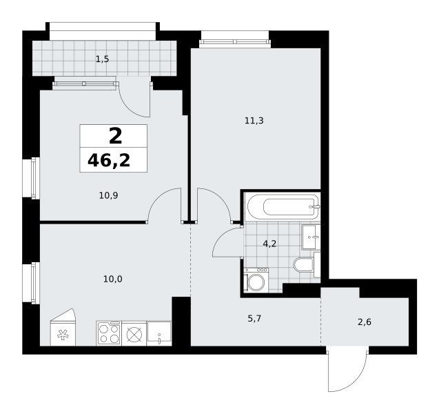 Планировка 2-комнатная квартира в ЖК "Прокшино"