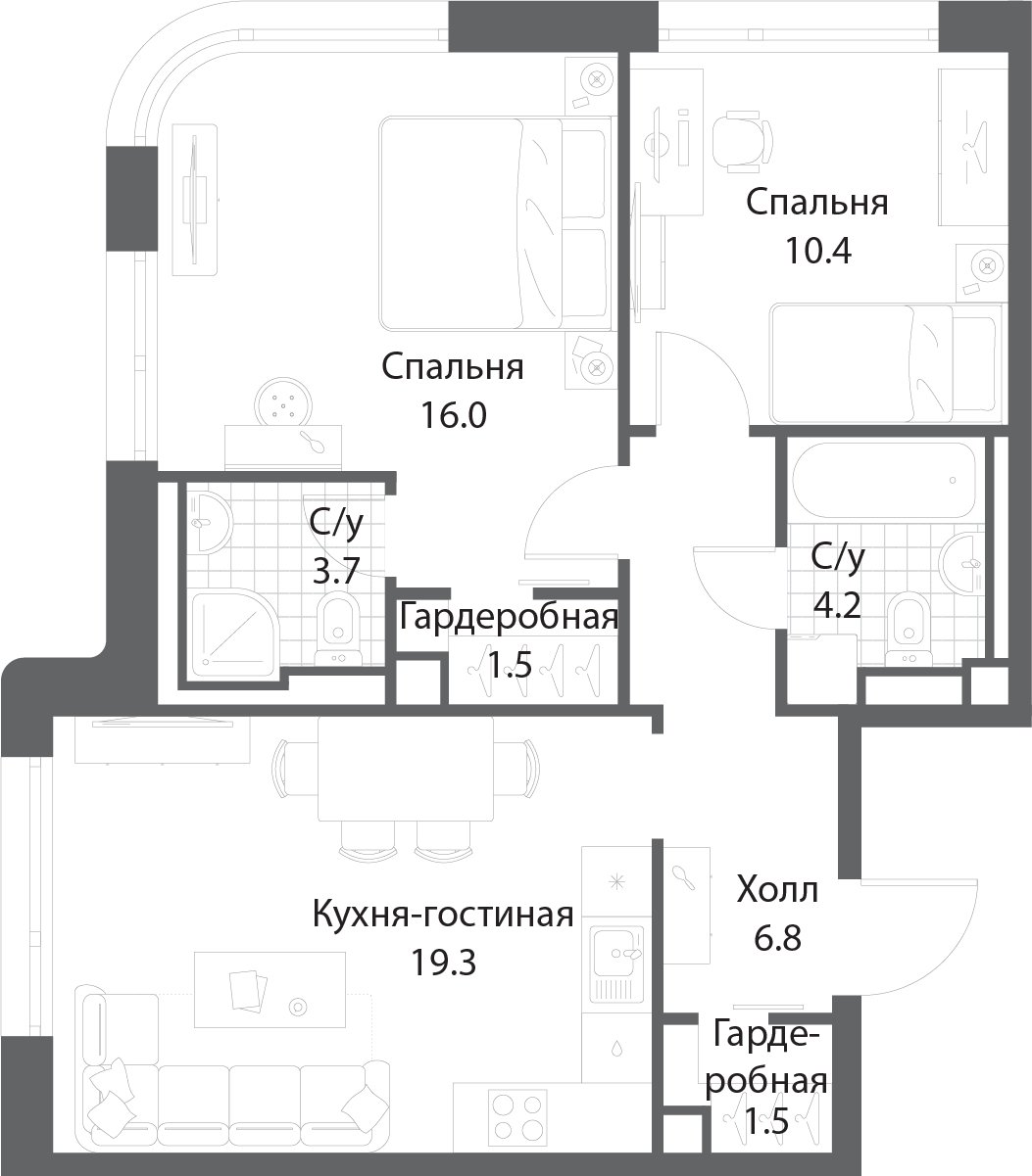 Планировка 2-комнатная квартира в ЖК Nagatino i-Land (Нагатино ай-лэнд)