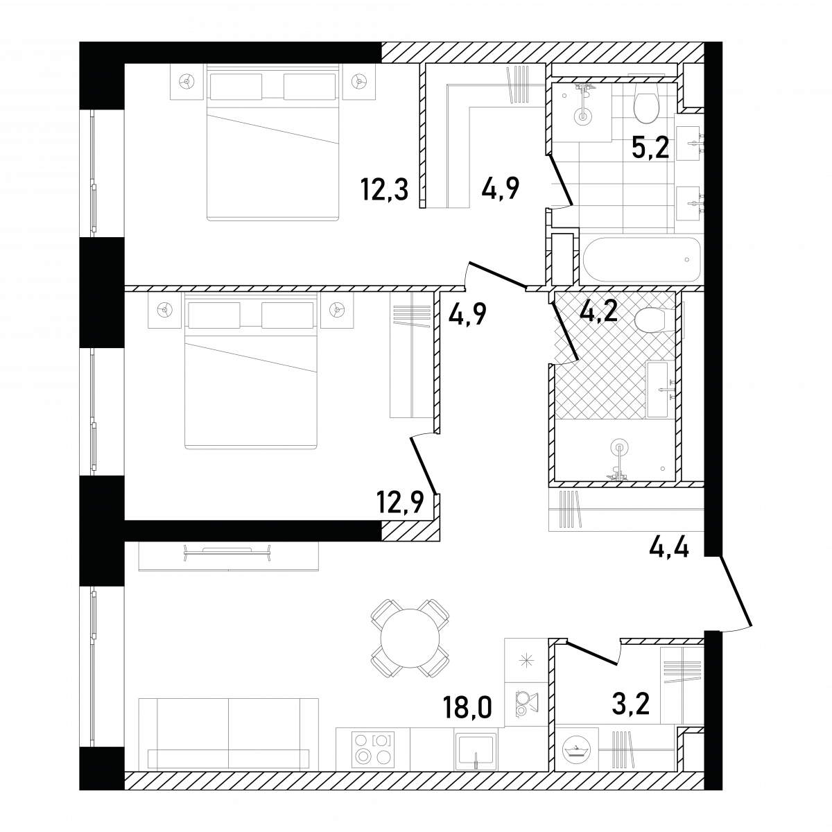 Планировка 2-комнатная квартира в ЖК Republic (Репаблик)