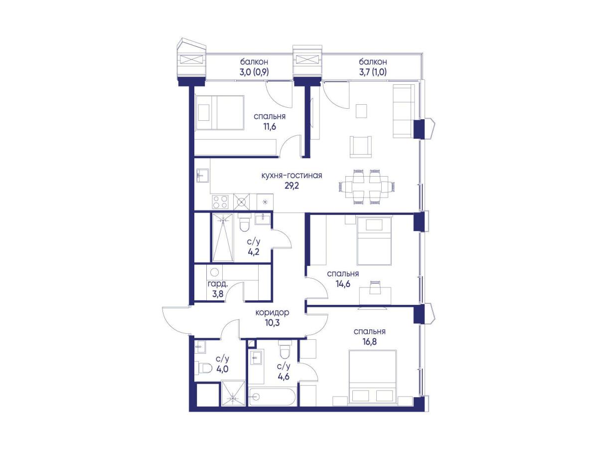 Планировка 3-комнатная квартира в ЖК "Остров"