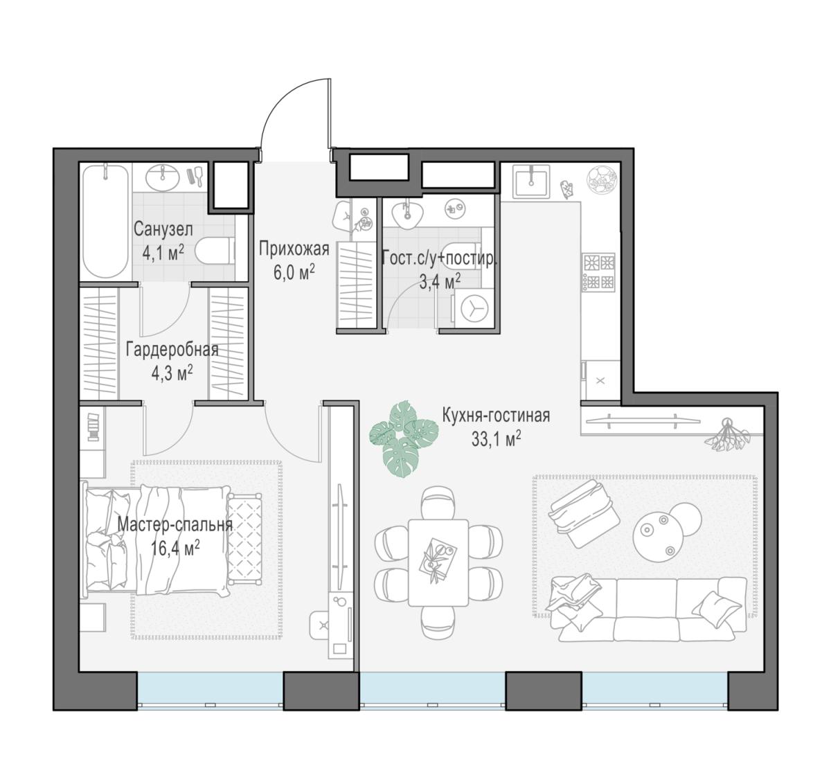 Планировка 3-комнатная квартира в ЖК West Garden (Вест Гарден)