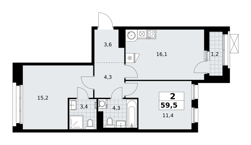 Планировка 2-комнатная квартира в ЖК "Прокшино"