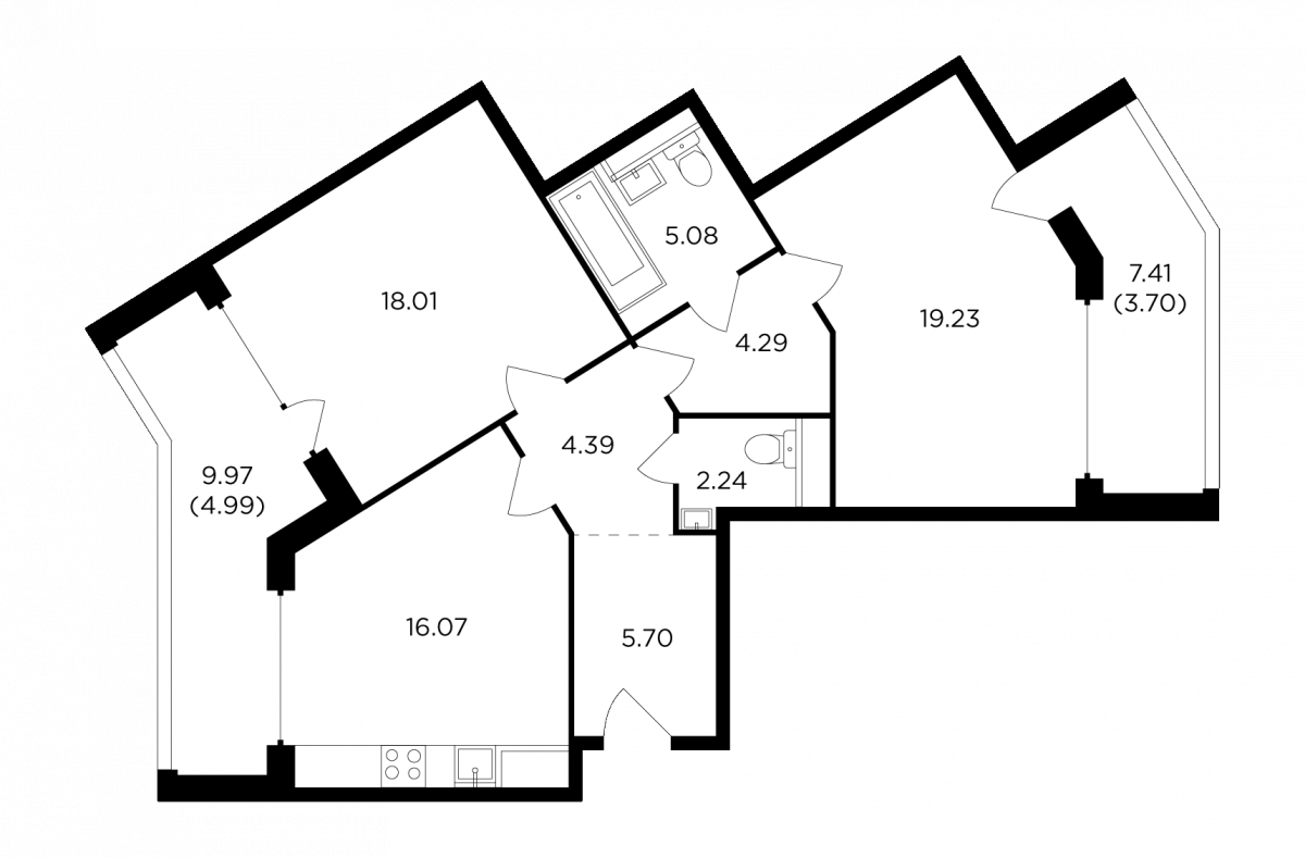 Планировка 2-комнатная квартира в ЖК River Sky (Ривер Скай)