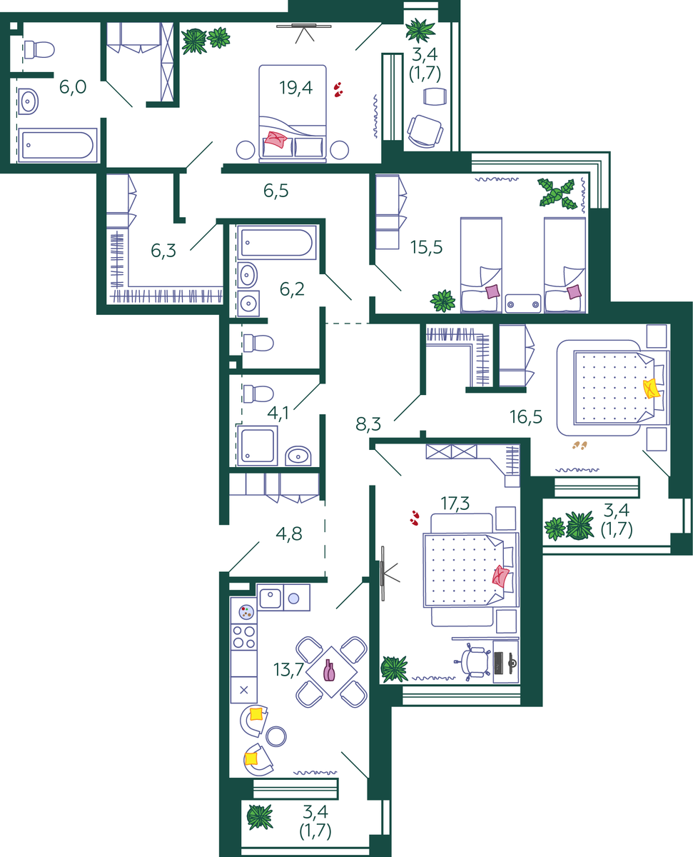 Планировка 4-комнатная квартира в ЖК Shagal (Шагал)