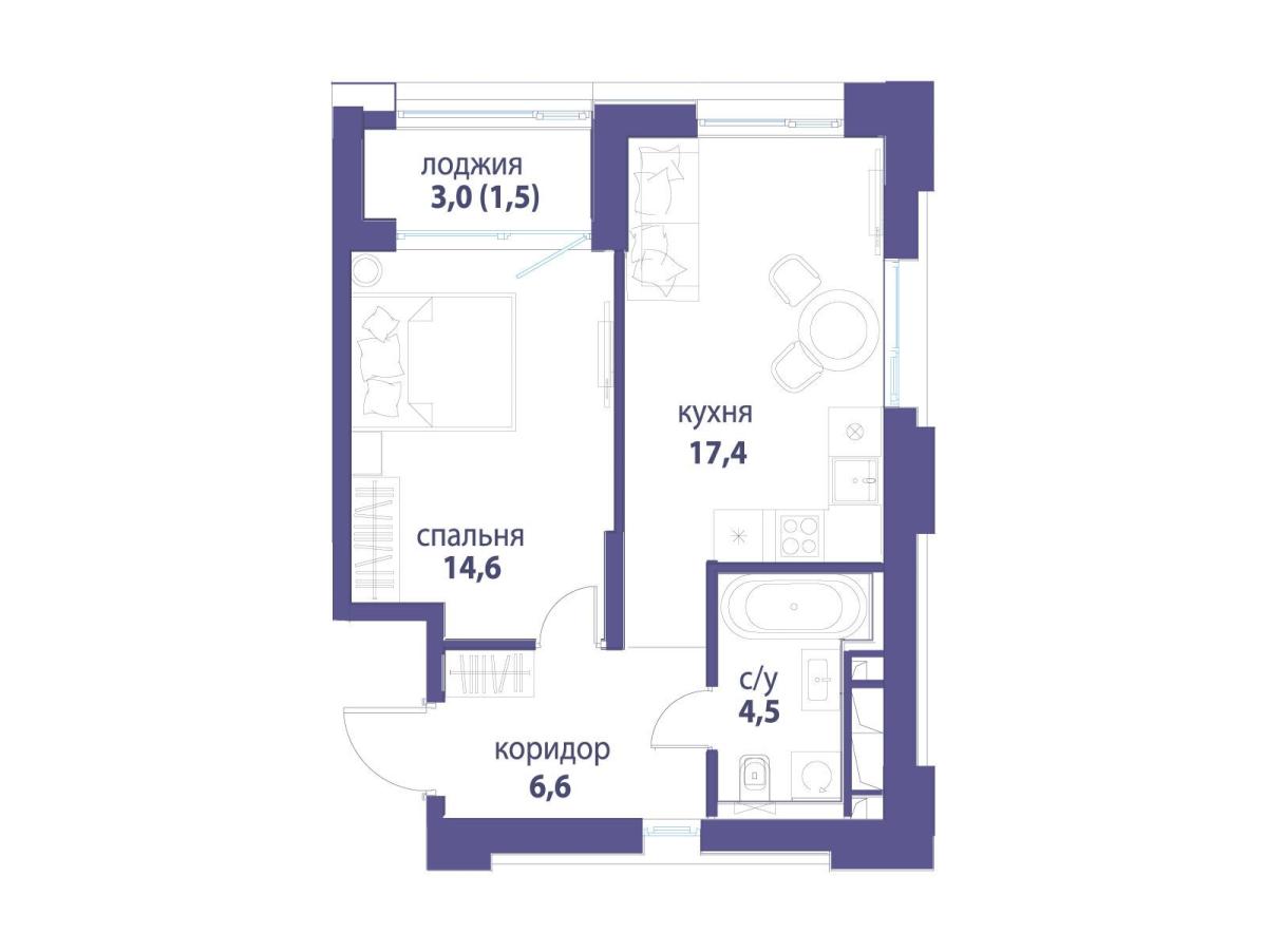 Планировка 1-комнатная квартира в ЖК "Символ"