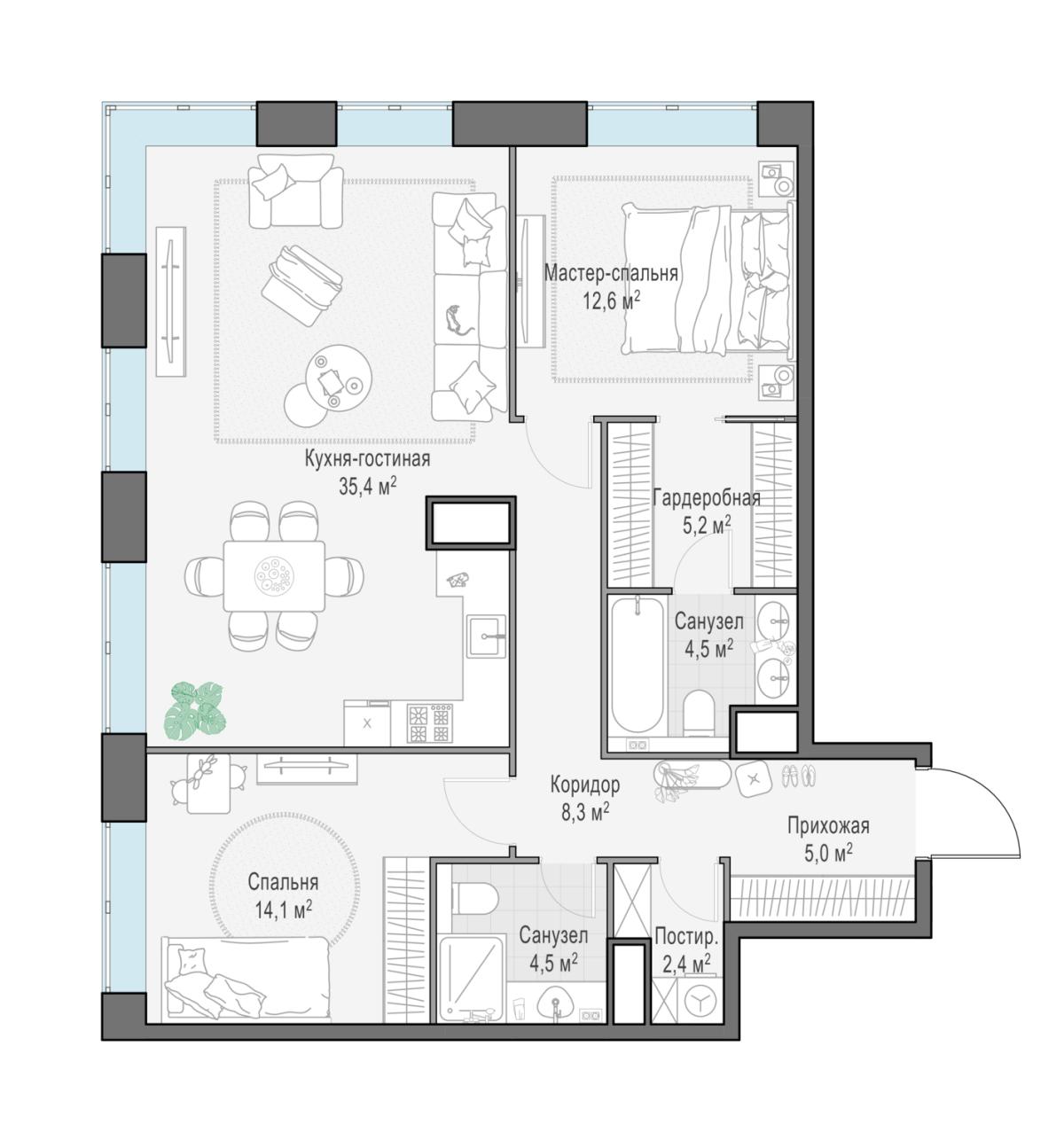 Планировка 3-комнатная квартира в ЖК West Garden (Вест Гарден)