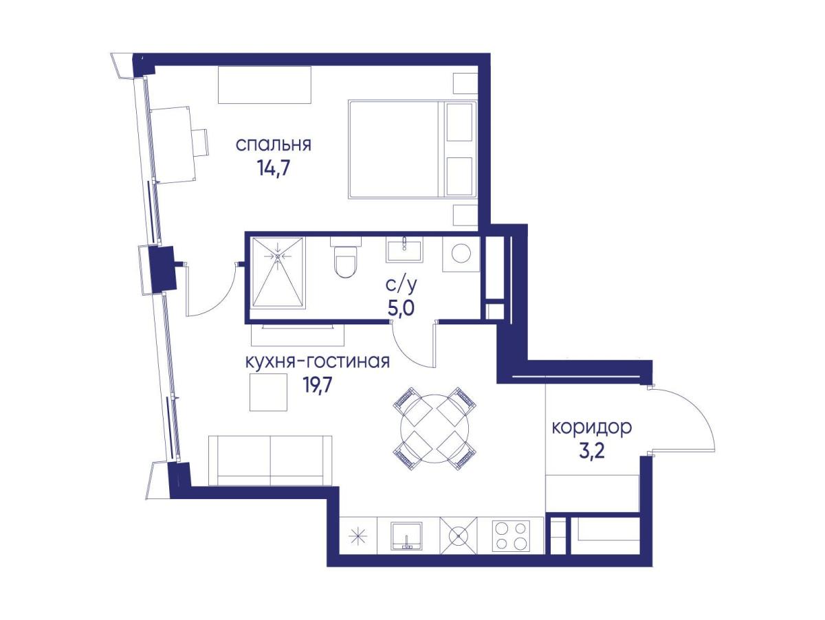 Планировка 1-комнатная квартира в ЖК "Остров"