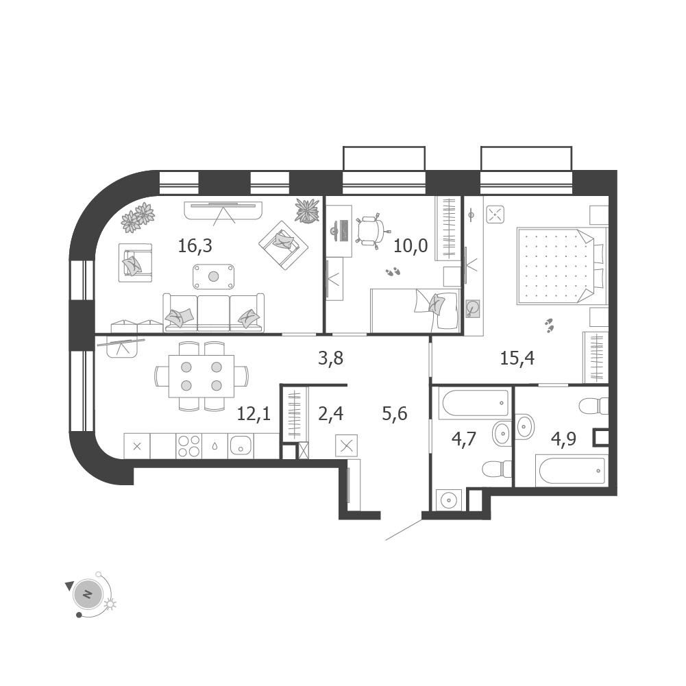 Планировка 3-комнатная квартира в ЖК Shagal (Шагал)