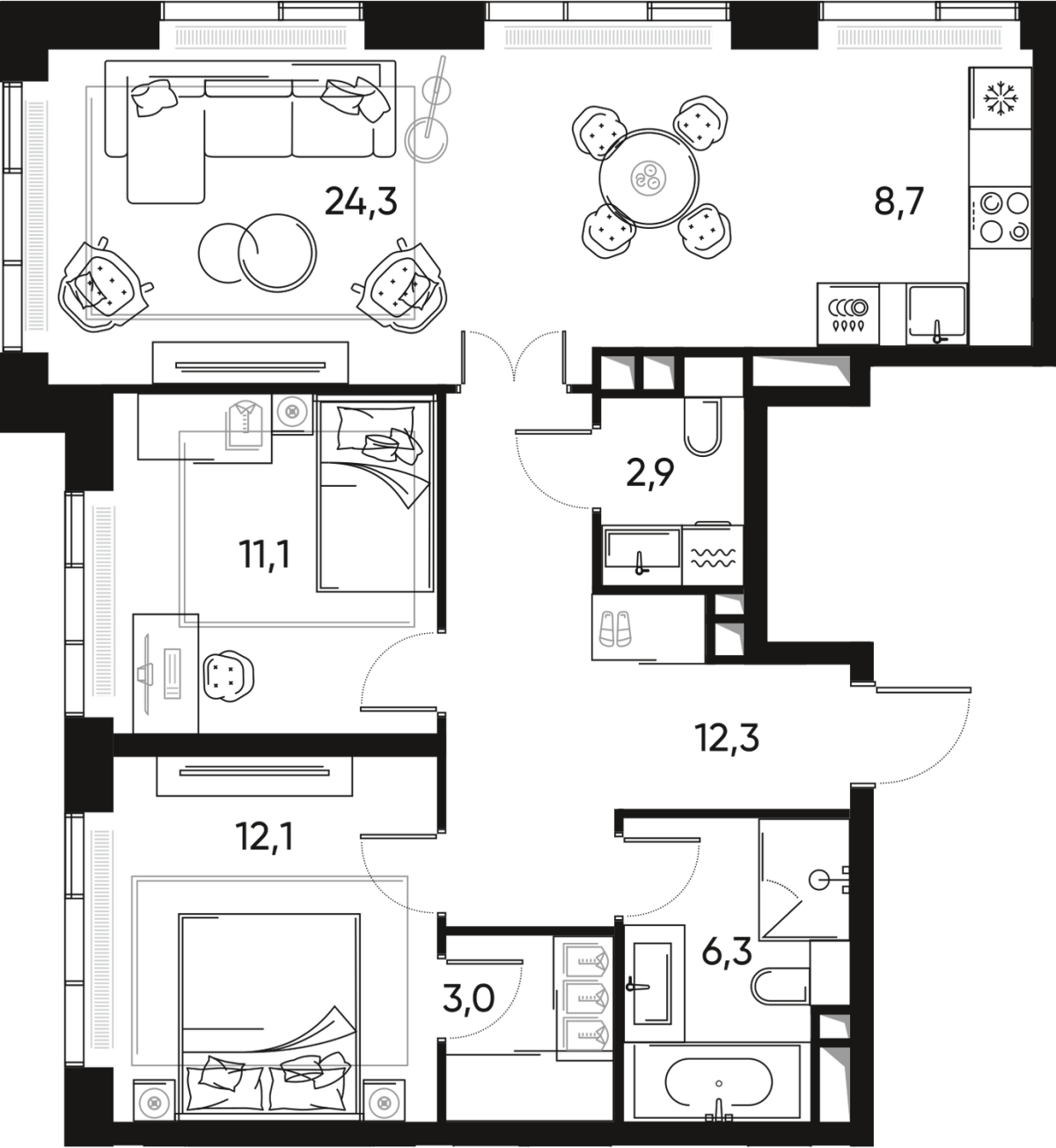 Планировка 3-комнатная квартира в ЖК "ПРАЙД" (Pride)