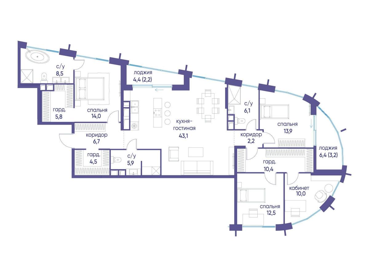 Планировка 4-комнатная квартира в ЖК "Остров"