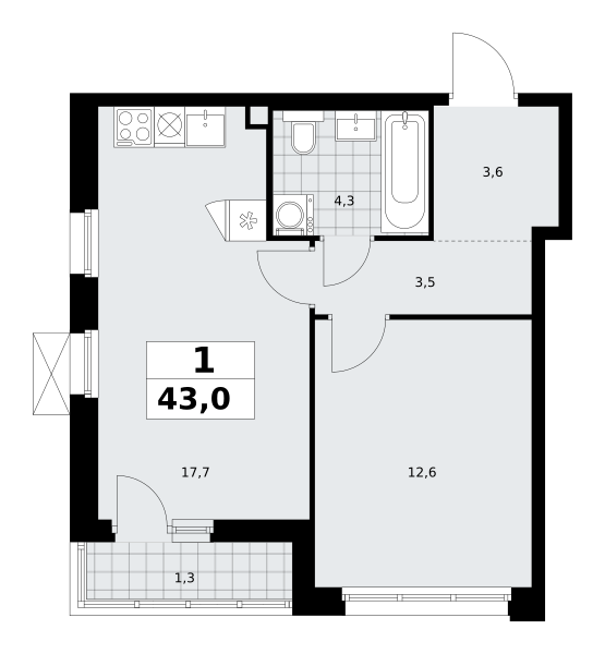 Планировка 1-комнатная квартира в ЖК "Прокшино"