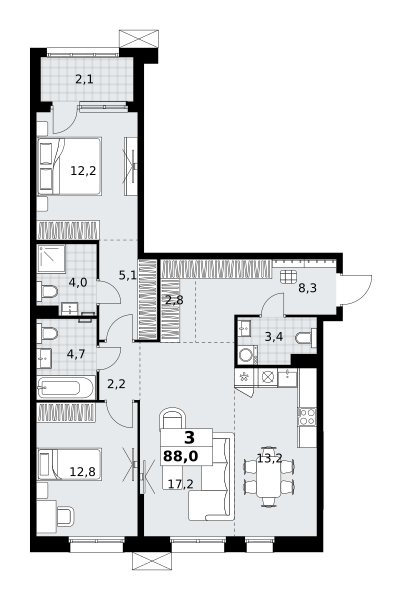 Планировка 3-комнатная квартира в ЖК "Дзен-кварталы"