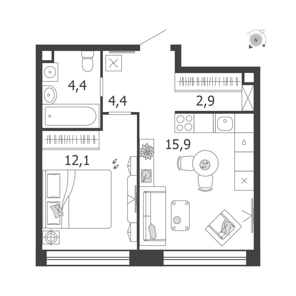Планировка 1-комнатная квартира в ЖК Shagal (Шагал)