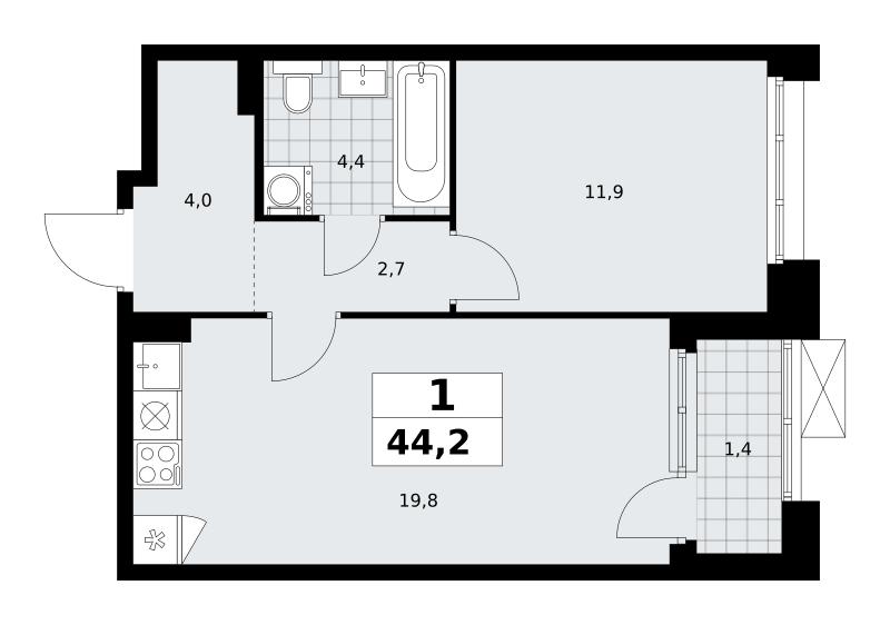 Планировка 1-комнатная квартира в ЖК "Прокшино"